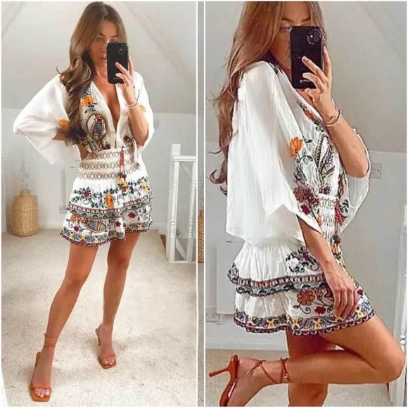 Boho Floral Embroidered Batwing Sleeve Blouse Ruffle Mini Skirt Set - Picture 1 of 14